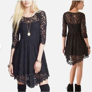 Free People 3/4 Sleeved Lace Mini Dress Black